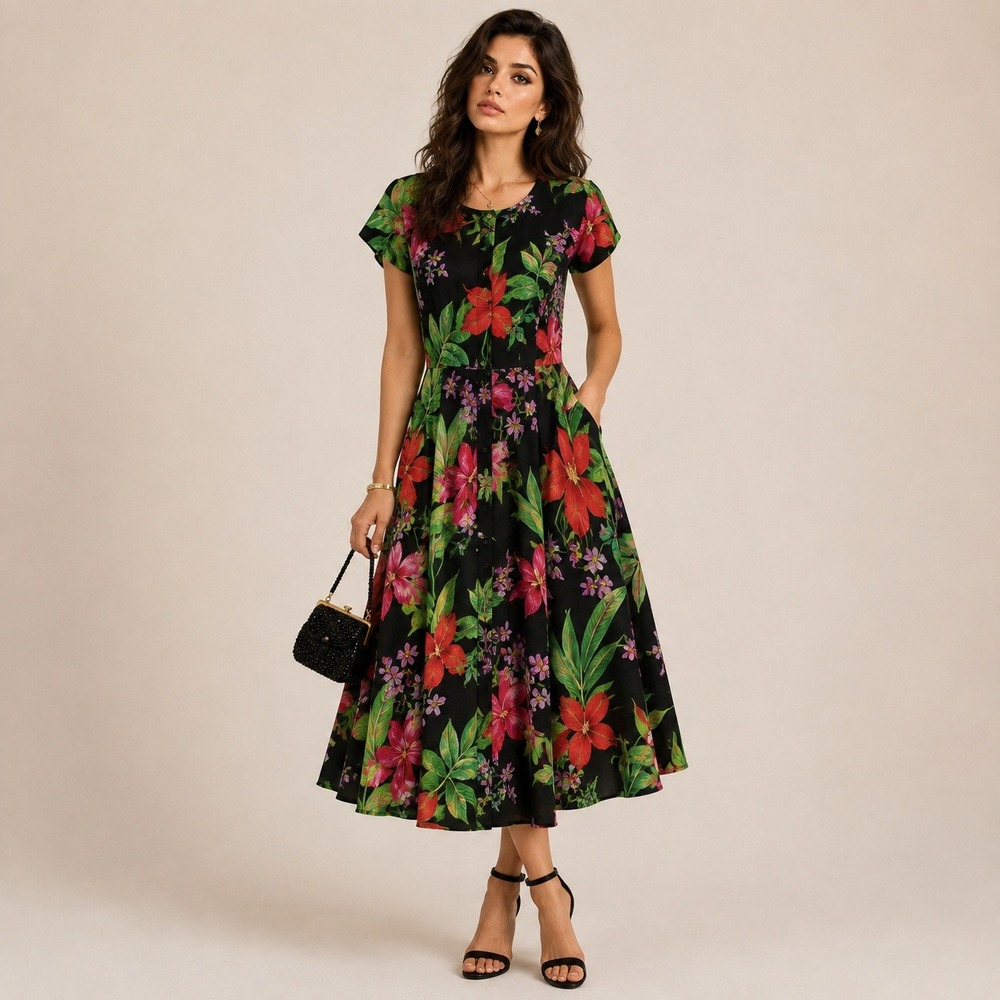 Vintage 80s 90s Sweet Miranda Tropical Floral Button Front Midi Dress Size 12